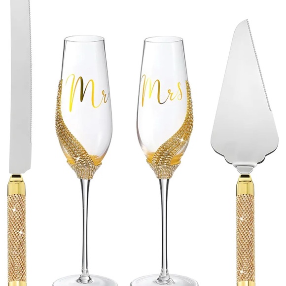 Mr. & Mrs. Other - Gold and Silver Champagne Flute and Cake Set
